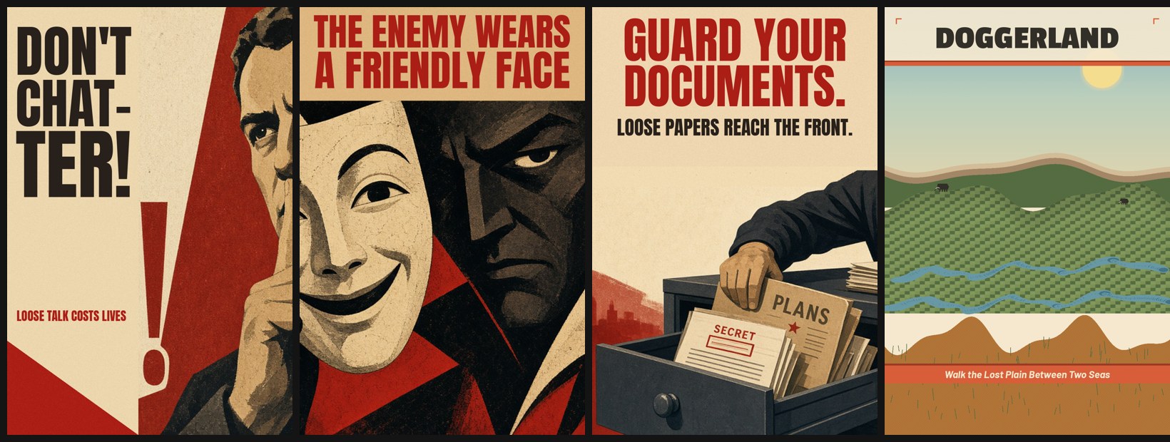 Poster Pack: 3 Wartime Security Posters + Doggerland Travel Poster (4 PNGs)